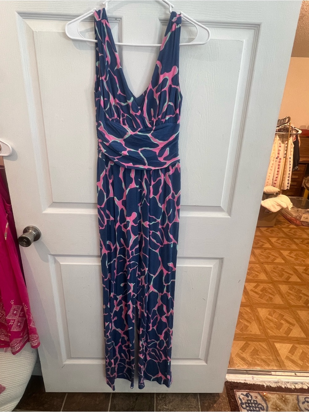 Lela Rose Navy jumpsuit with Pink and Green Print